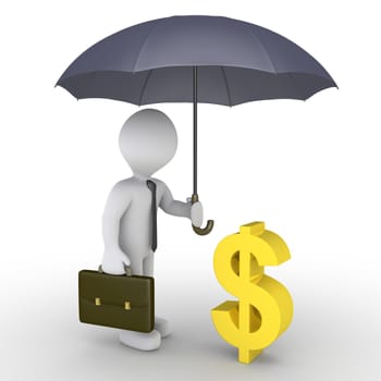 3d businessman holding an umbrella is protecting a dollar symbol