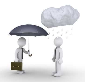 3d businessman is offering umbrella to another one, that has rain over his head
