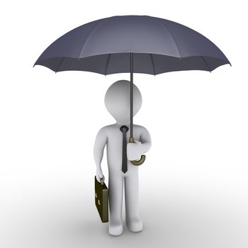 3d businessman is holding an opened umbrella