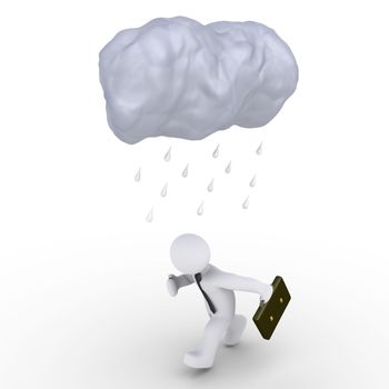 3d image of a cloud and raindrops over a running businessman