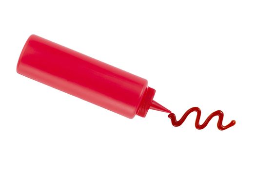 Close-up image of a catsup bottle squirt on a white background 