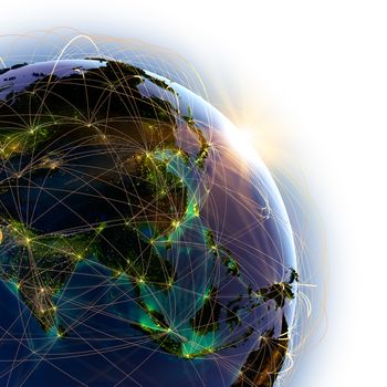 Highly detailed planet Earth on a white background, lit by the rising sun, with embossed continents, illuminated by light of cities, translucent and reflective ocean. Earth is surrounded by a luminous network, representing the major air routes based on real data