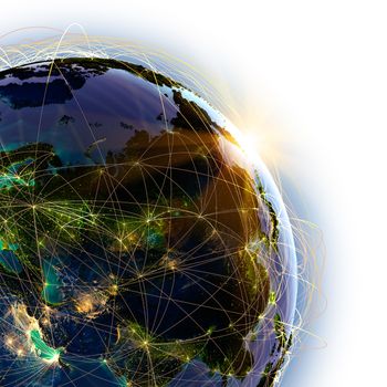 Highly detailed planet Earth on a white background, lit by the rising sun, with embossed continents, illuminated by light of cities, translucent and reflective ocean. Earth is surrounded by a luminous network, representing the major air routes based on real data