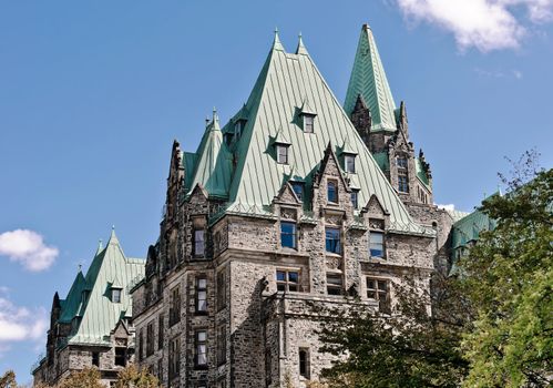 The Canadian Parliament Confederation Building seen from the West side in Ottawa, Canada.