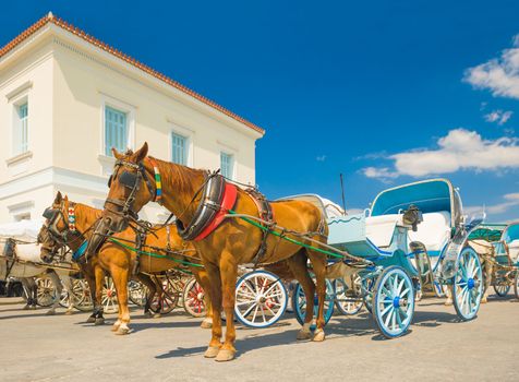 Horse drawn carts, used as taxis on the Greek island of Spetses, waiting for customers