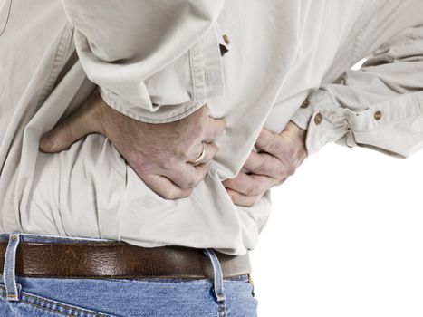 Close up image of aged man having back pain against white background