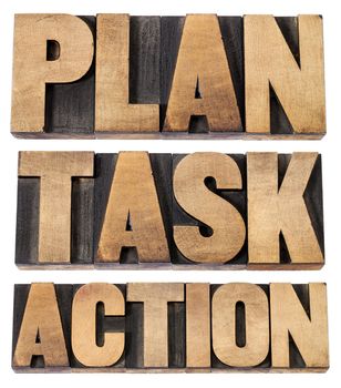 plan, task, action - a collage of isolated words in vintage letterpress wood type