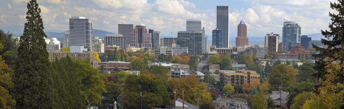 Portland Oregon Downtown City Skyline and Landscape in Autumn Season Panorama