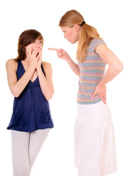 One young woman is scolding another girl on white background