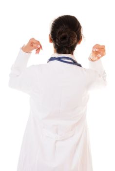 Back of doctor with hands near her head isolated on white background