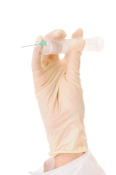 Hand in medical glove with syringe for medical procedure isolated on white background.
