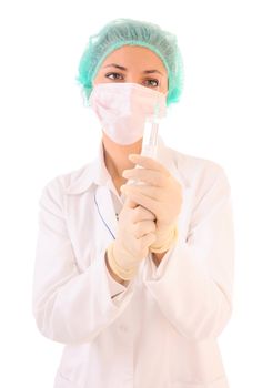 Nurse in mask and cap with syringe in hands isolated on white background