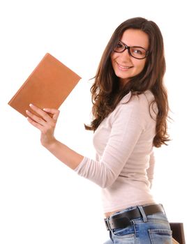 Clever young woman in glasses with books isolated on white background