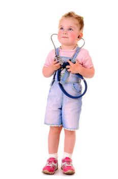 Small playful girl with stethoscope on white background