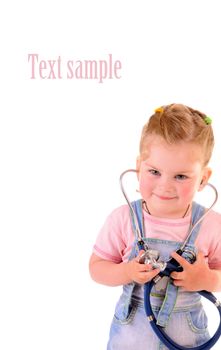 Small playful girl with stethoscope on white background with place for your text