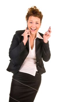 Overloaded businesswomen with two phones isolated on white background