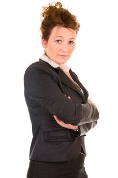 Serious business woman with testing stare isolated on white background