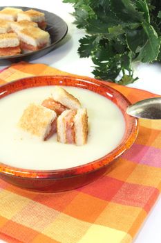 fresh Cream of celery soup with salmon croutons on a checkered napkin before light background