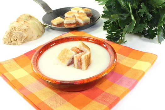 cooked Cream of celery soup with salmon croutons on a checkered napkin before bright background