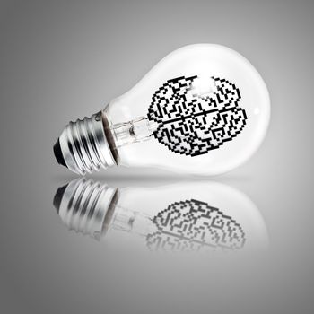 3d pixel icon brain in light bulb as concept