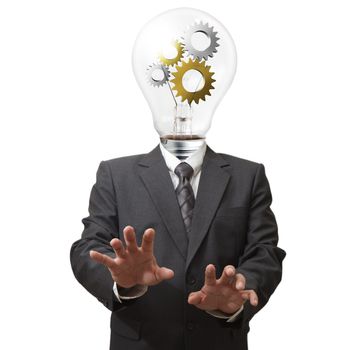 businessman with gears in light bulb head as concept