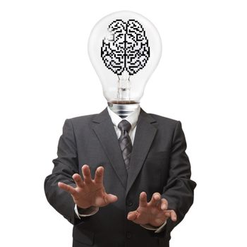 business man light bulb and pixel brain sign head as concept