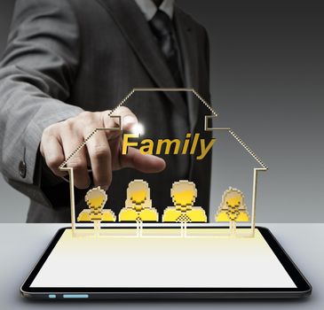 business man hand shows 3d family pixel icon and tablet computer as concept