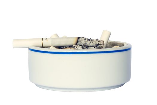 Closeup ceramic Ashtray with Cigarette, isolated on white background.
