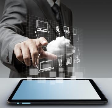 business man hand touch virtual cloud network concept
