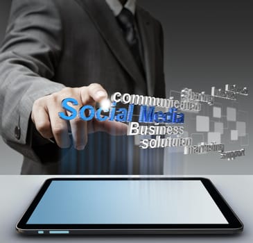 businessman hand shows 3d social media as concept