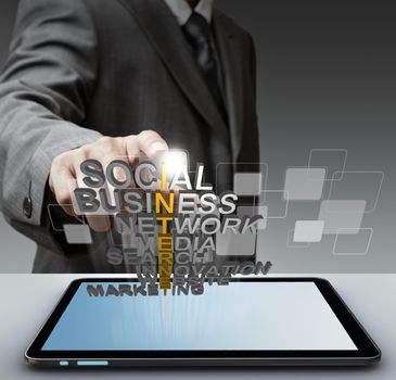 business man hand shows 3d word internet concept