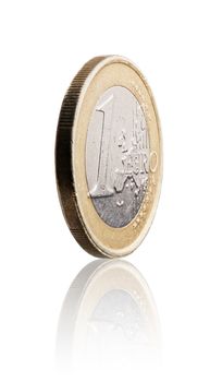 Used 1 euro coin on white with reflection.