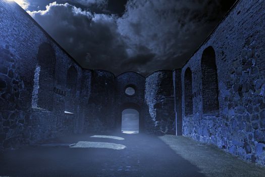 Old ruins on a spooky night.