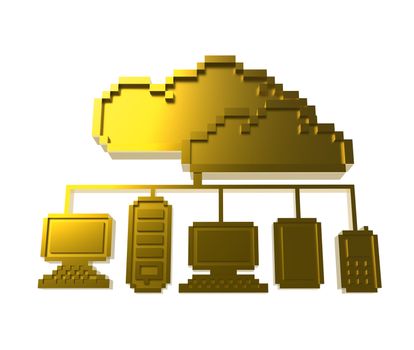 golden pixel cloud network icon sign as concept on white background