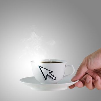hand holds a cup of coffee with arrow cursor sign