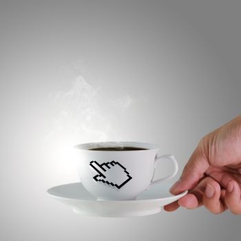 hand holds a cup of coffee with hand cursor sign