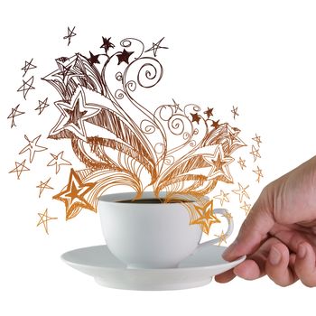 cup of coffee with golden hand drawn ornament