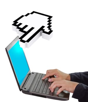 hand picks laptop with 3d cursor hand
