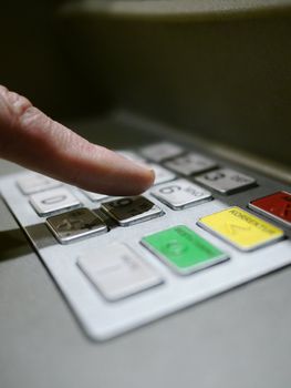 Finger using automatic teller keypad to enter pin number