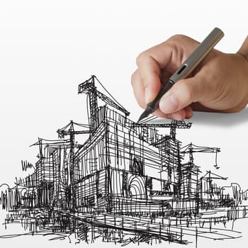hand draws construction site on paper background