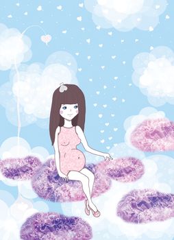 The pregnant girl sits on a cloud. Raster illustration.
