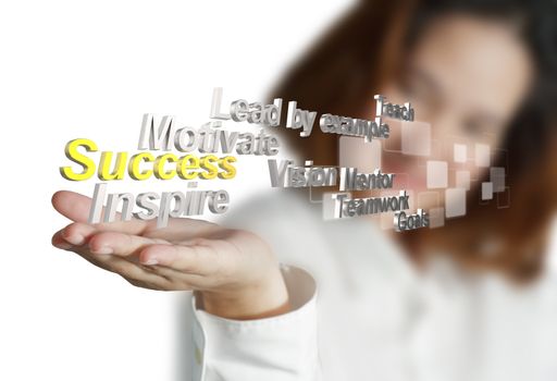 business woman hand shows 3d metallic success diagram as concept
