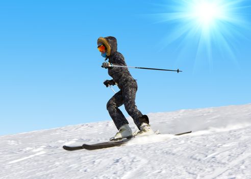 The young girl on skis goes from mountain in a spotty suit