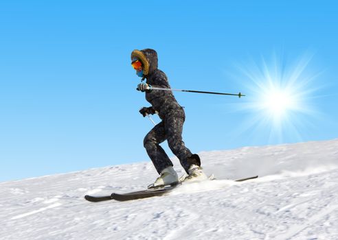 The young girl on skis goes from mountain in a spotty suit