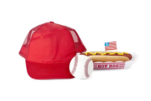 American Baseball cap and ball with Grilled Hotdog Sandwich on a white background