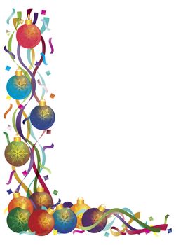 Christmas Tree Ornaments with Colorful Ribbons and Confetti Border Illustration