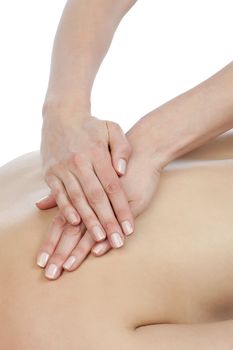 Close up image of female having back massage  against white background