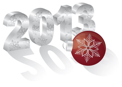 2013 Happy New Year 3D Numbers and Red Ornament with Long Shadows Isolated on White Background