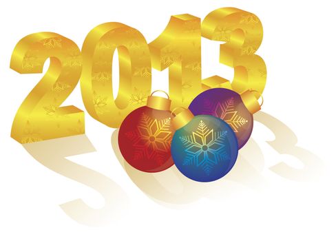 2013 Happy New Year 3D Gold Numbers and Colorful Ornaments with Long Shadows Isolated on White Background