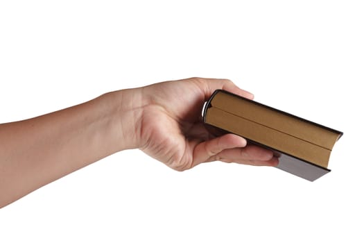 Old book with hand isolated on white background